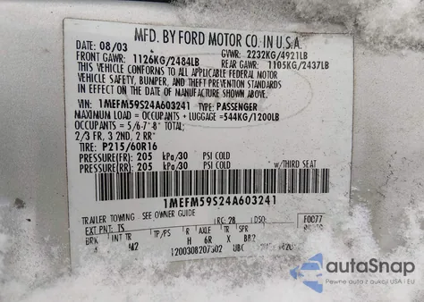 2004 Mercury Sable Ls Premium from USA, damaged, VIN 1MEFM59S24A603241